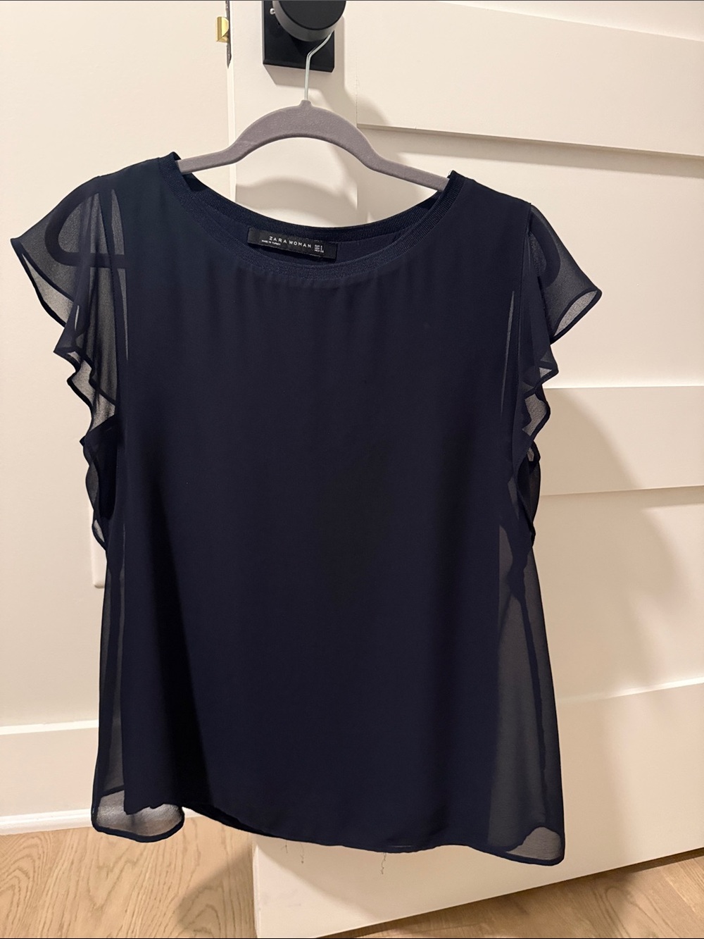 Zara Navy Ruffle Sleeve Chiffon Blouse